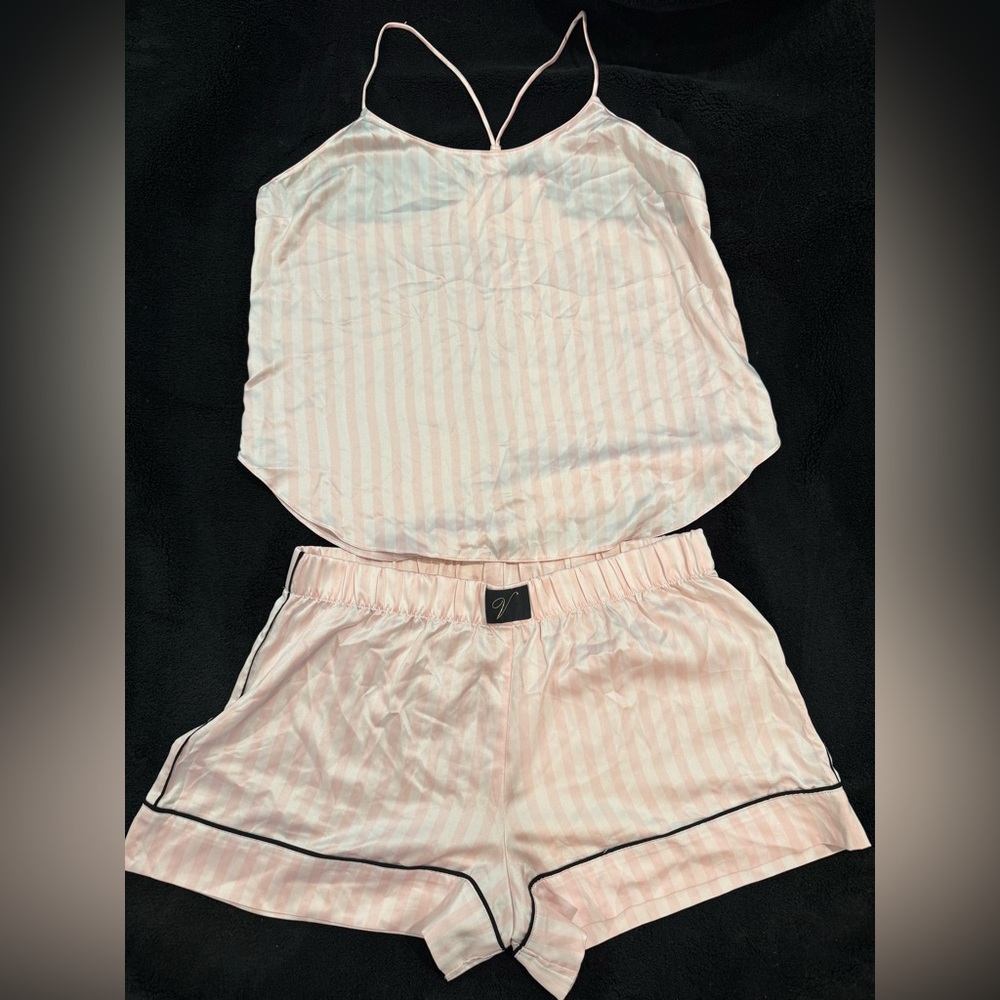 NWOT Victoria’s Secret Satin Pink and White Striped Pajamas Size Medium